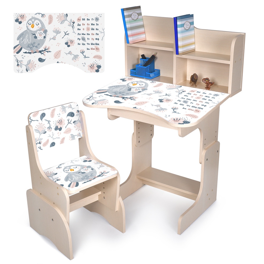 Парта N 2071-10-2 зі стільчиком, регул. висота, пташка, укр. абетка, венге світлий.