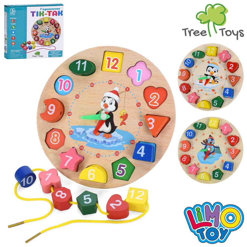 Дерев'яна іграшка Годинник MD 0766 рамка-вкладиш,фігури-цифри,шнурівка,3 види,в кор,18-17,5-2,5см