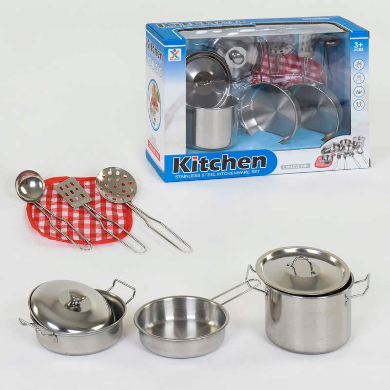 Фотография 1 товарной позиции интернет-магазина детских игрушек www.smarttoys.com.ua Набір посуду 988-1 (48/2) металевий, 9 предметів, в коробці