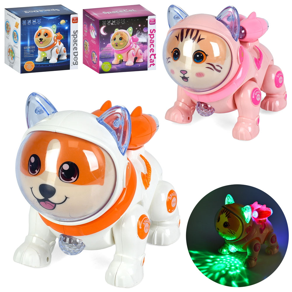 Музична іграшка QF378-2-4 тварина-космонавт, ходит, 2 види(собака,кіт),муз.,світло,бат.,кор.,18-17,5