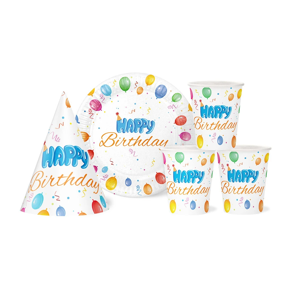 Набір посуду з ковпачками "Happy Birthday" кульки на білому на 10 осіб