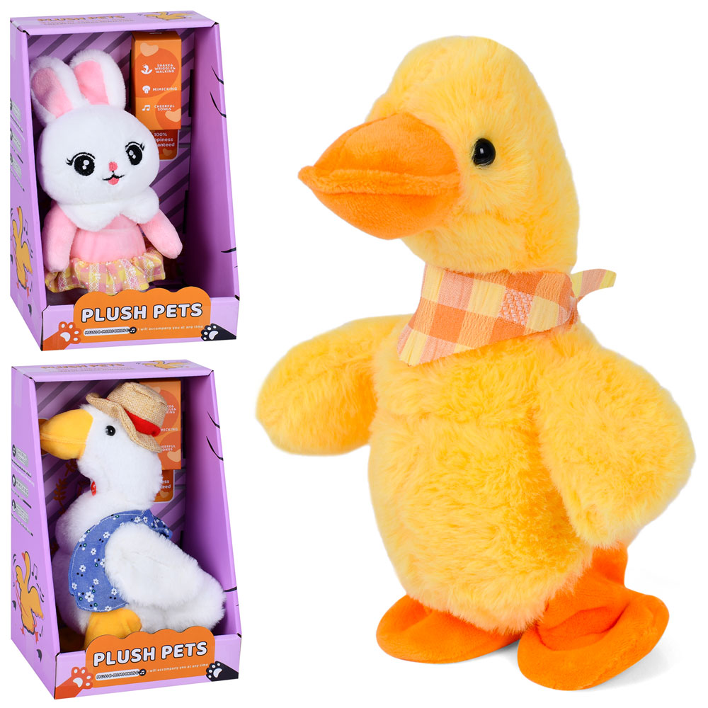 Тварина 777-2 муз., повтор, ходить, плюш, 3 види(зайчик, гусак),  бат., кор.,17,27,5-13,5 см.