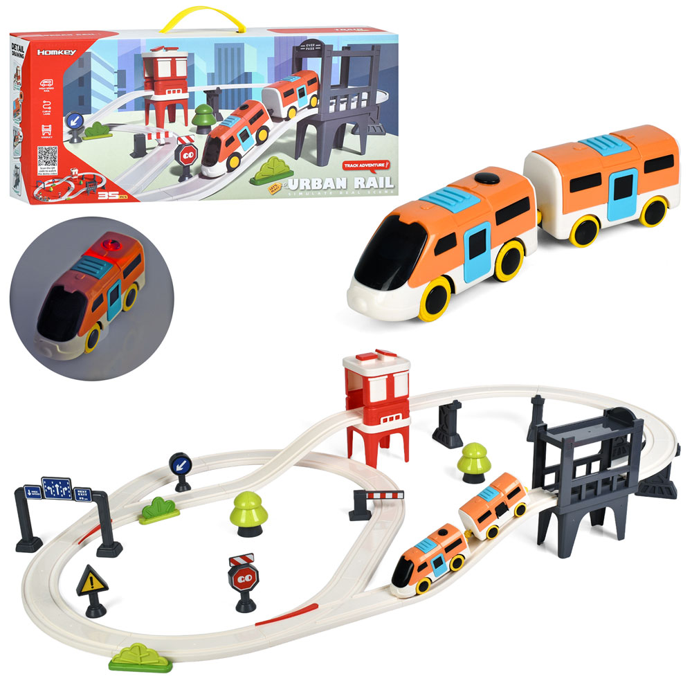 Трек 7731A  поїзд, 1 вагон, дорожні знаки, 35дет., світло, бат., кор., 48-21-9,5 см.