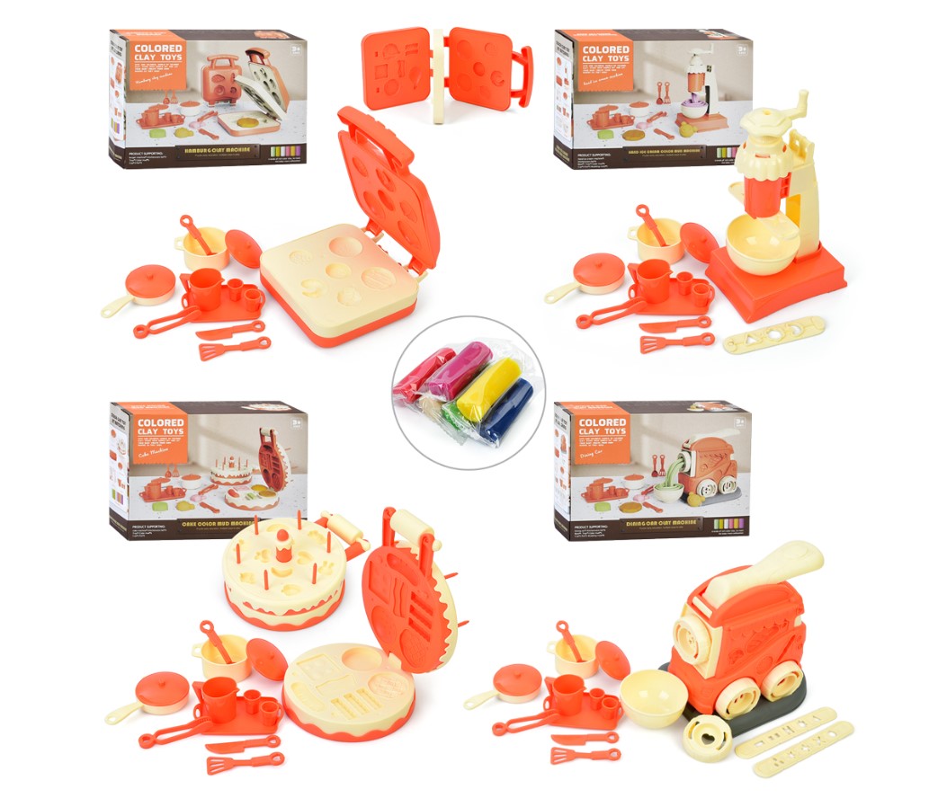 Пластилін MK 5467 6 кольорів(стіках), апарат-прес, посуд, інструменти, 4 види, кор., 29-21-9,5 см.