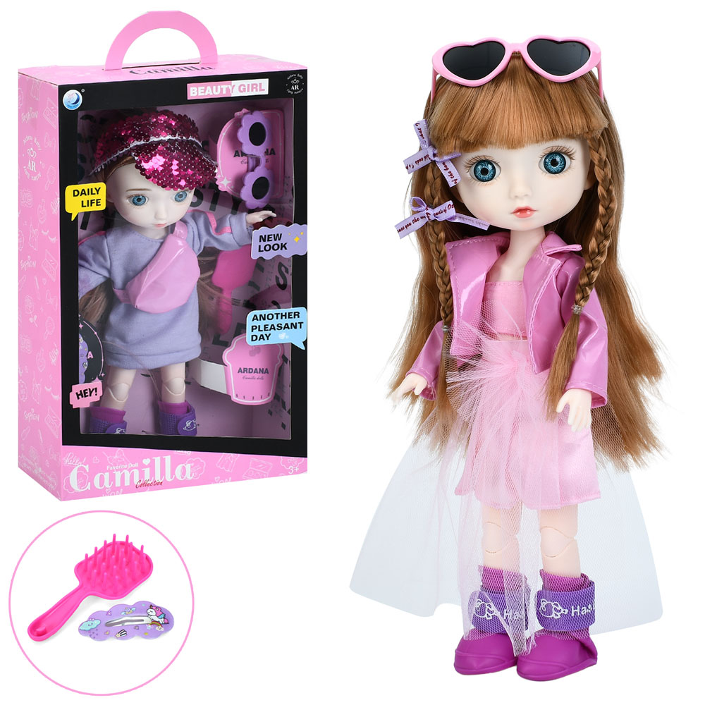 Лялька A923AC шарнірна, окуляри, гребінець, заколка, 2 види, кор., 22-35-8,5 см.
