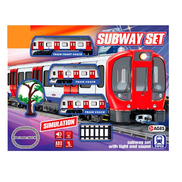 Залізниця JHX5916 локомотив, 2 вагони, дорожні знаки, 24 дет.,  муз., світло, бат., 45,5-35,5-6,5см.