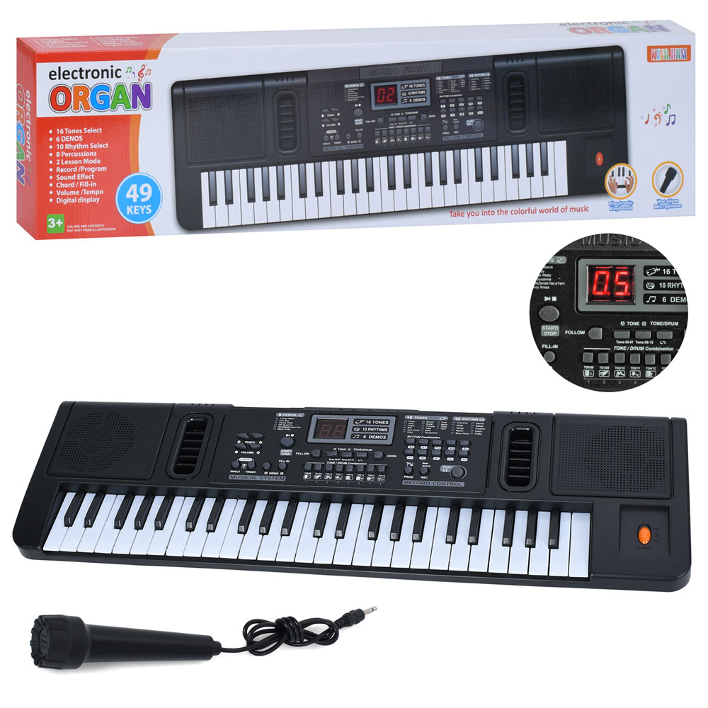 Синтезатор R753 (8шт) 49 клавіш,60-17-6см, мікрофон, ел.табло, 16тонів, 10ритмів, 6 демо, запис, регулятор гучності, на бат-ці, в кор-ці, 72-18,5-6,5см