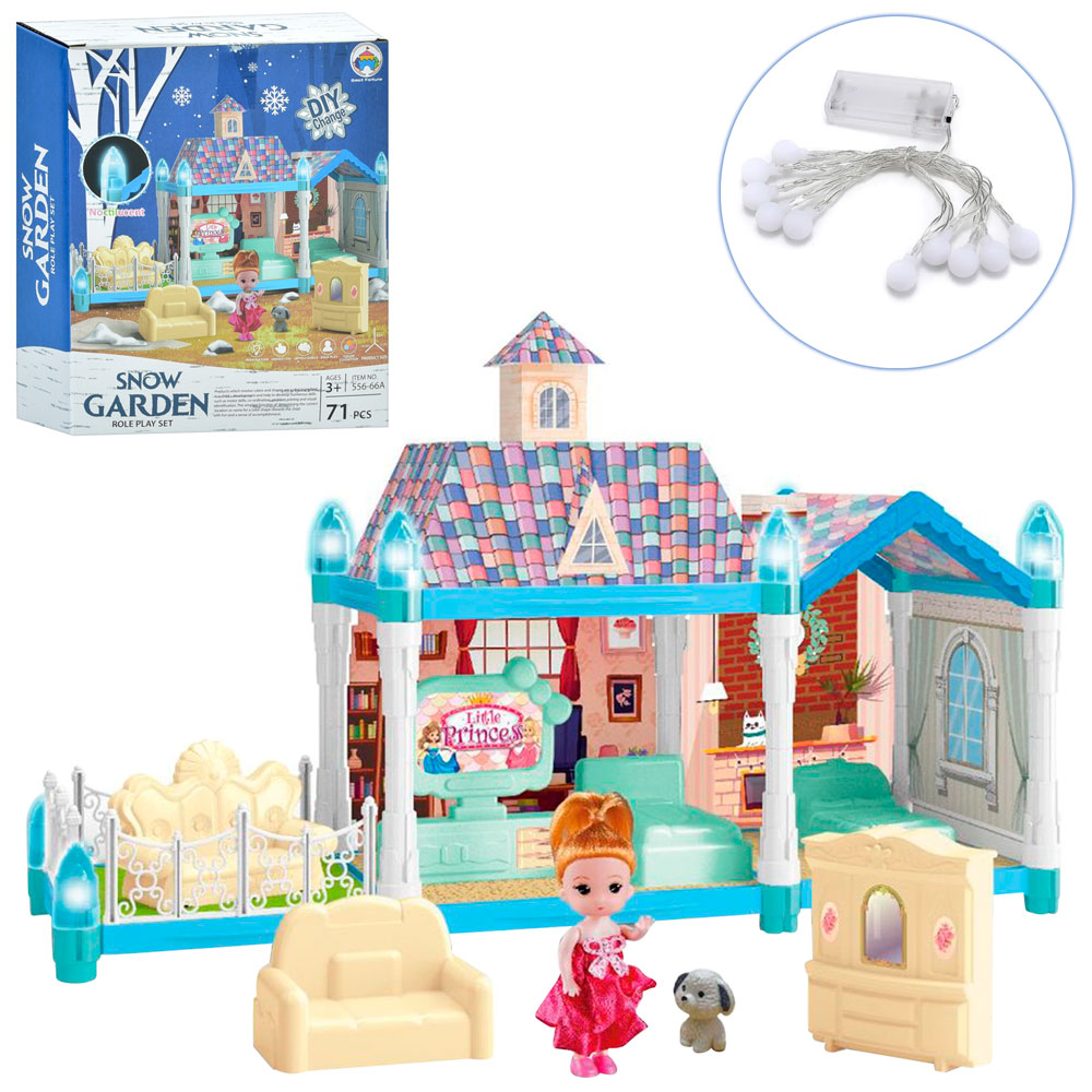 Будиночок 556-66A-1 меблі, лялька, собачка, 71 дет., світло, бат., кор., 19-23-7,5 см.