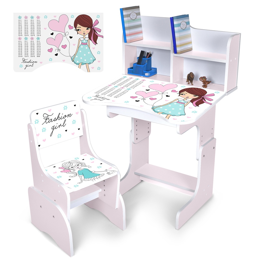 Парта N 2071-8-7 зі стільчиком, регул. висота, дівчина, таблиця множення, сакура.