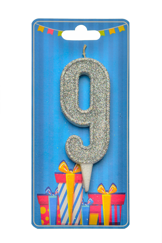 Свічка для торта  "Цифра 9" срібло блиск