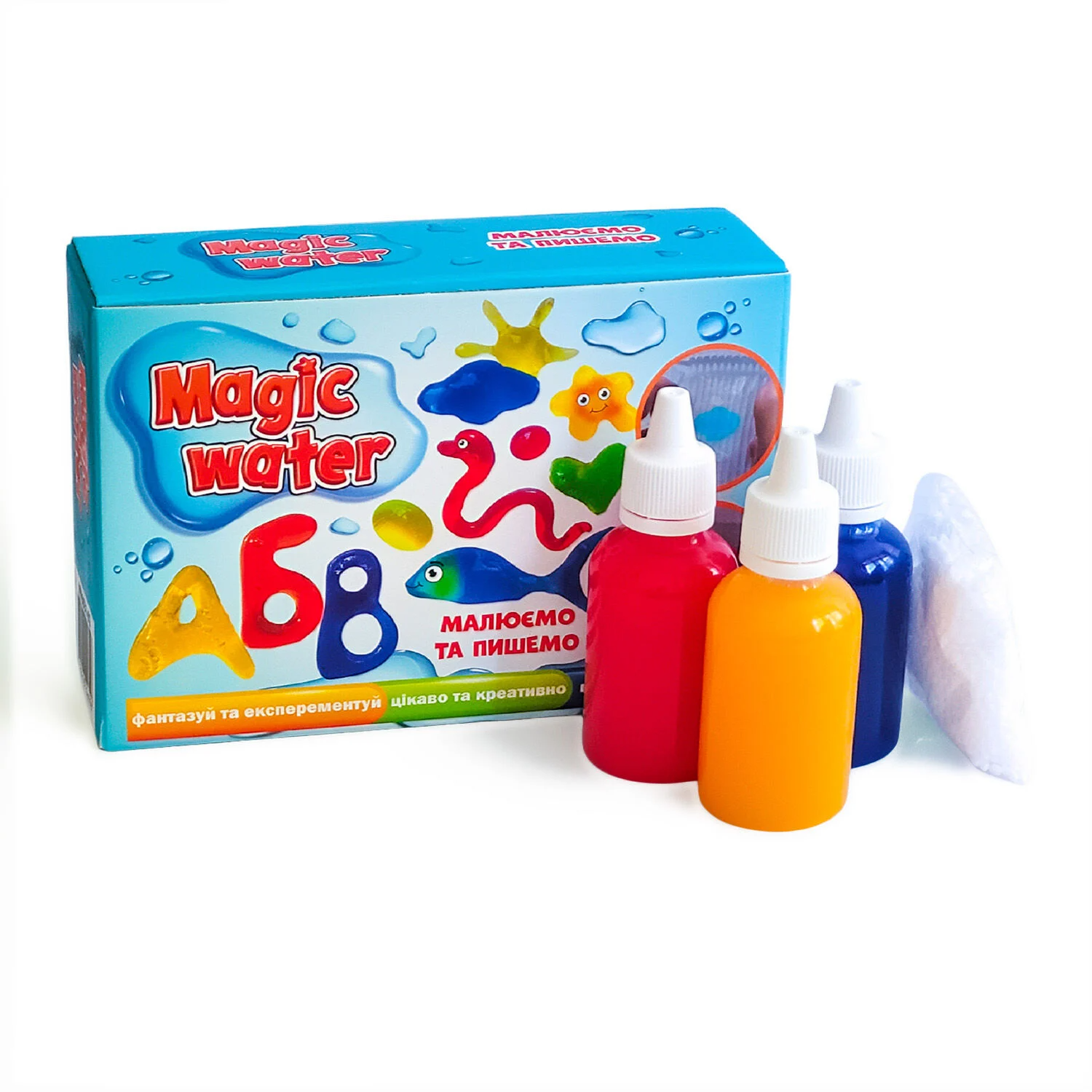 Набір для творчості "Magic water. Малюємо та пишемо" MV6031-02 (10) "Ludum", 3 гелі, основа для малювання, ложка, суха речовина, в коробці