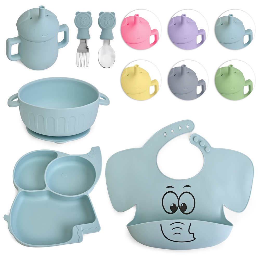 Посуд дитячий силіконовий "Слоник" 6пр/наб (виделка, ложка, чашка-поїлка, слинявчик, тарілки 2шт), MA-4909