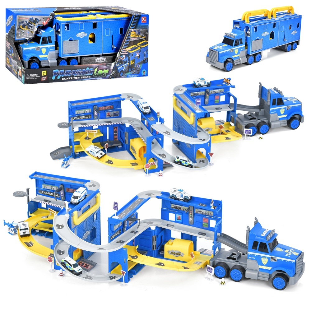 Гараж XG879-122 2в1 (трейлер), транспорт,1:64, дорож.знаки,муз.,світло,бат.(табл.),кор.,61-26-18,5см