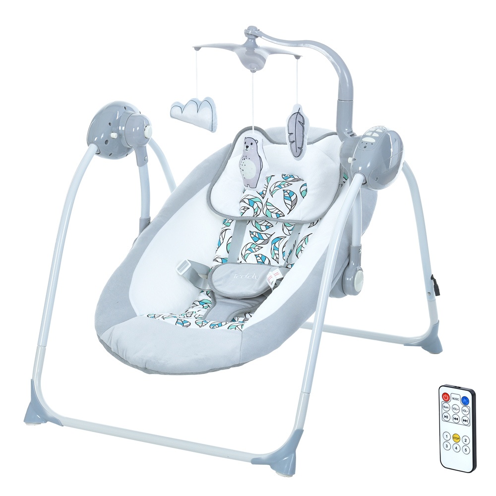 Гойдалка ME 1075 TEDDY Gray Mint Feathes пульт,5швид.,таймер,12мелодій,2 полож.спинки,сірий,тваринки