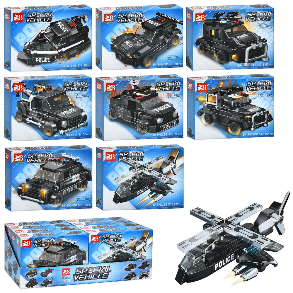 Конструктор 6817 поліція, транспорт, від 90дет, 8шт(8видів) в дисплеї, 39-14,5-17,5см