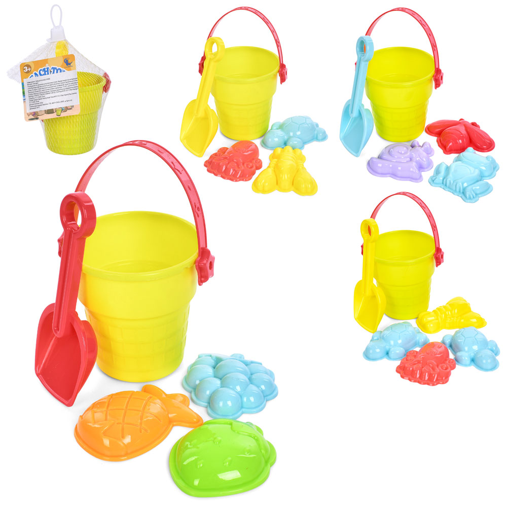 Набiр для пiсочницi CH8002 відро, лопатка, 3 формочки, мікс видів, сітка, 18-10-9 см.