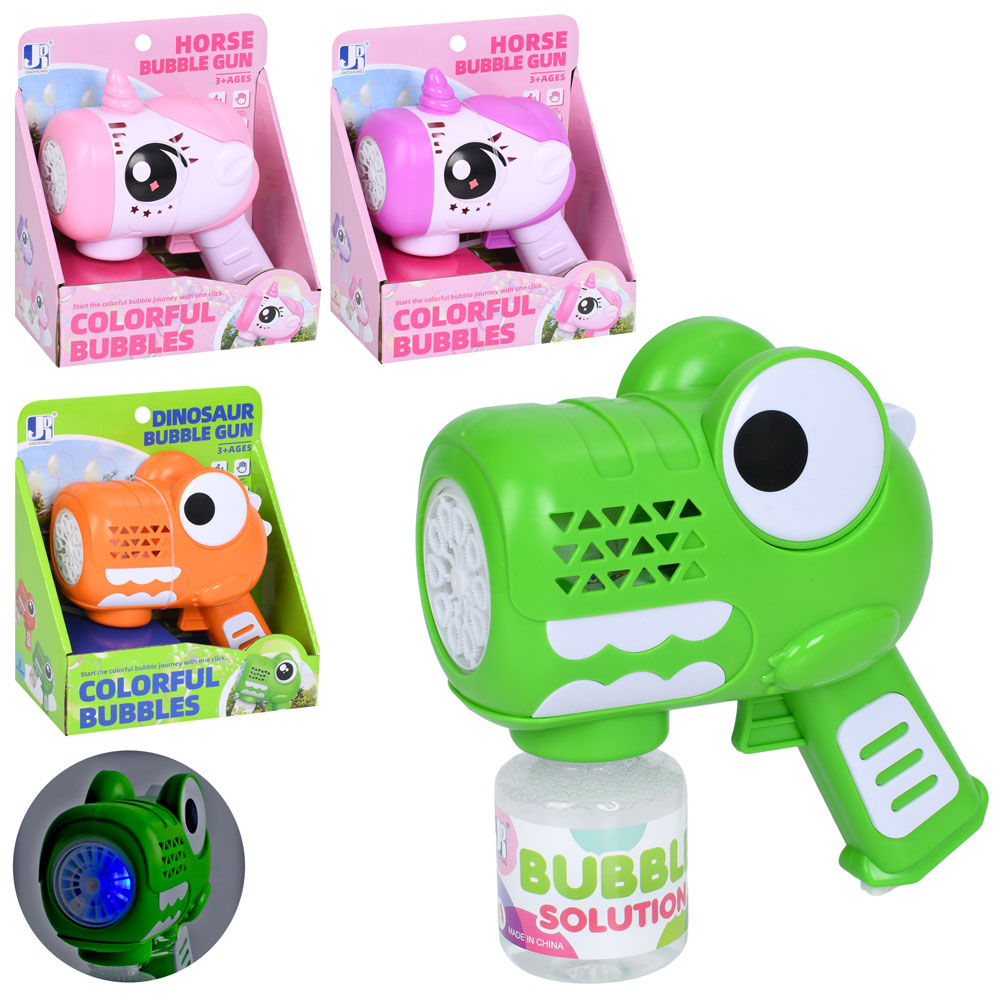 Мильні бульбашки P82358-68 пістолет,світло,запаска.2 види(динозавр,єдиноріг)мікс кольор.бат.кор.