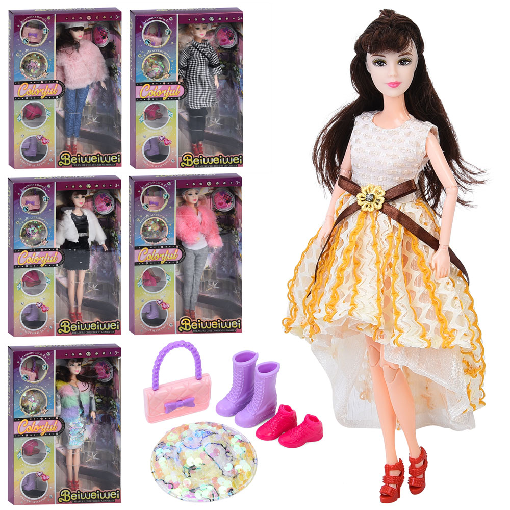 Лялька FD0465-66-67-68 30см, шарнірна, капелюх, взуття, сумка, 6 видів, в кор-ці, 22-32,5-6см