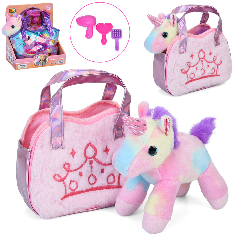 Тварина DR5141-44 єдиноріг, м'яка іграшка, набір грумера, сумка, 2 види, кор., 23,5-27,5-13 см.