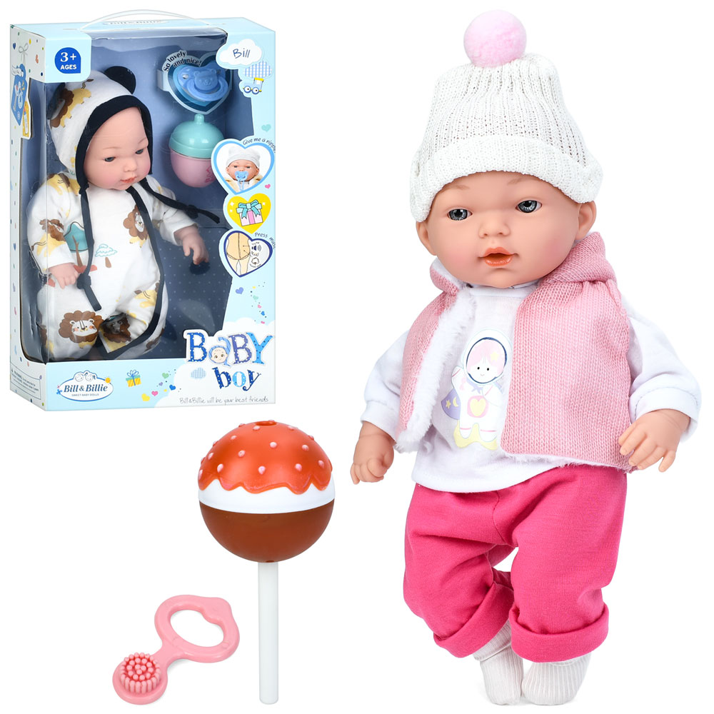 Пупс DH2369GD-2370D м'яконабивний, аксесуари, 2 види, муз., бат.(табл), кор., 23,5-37-10,5 см.