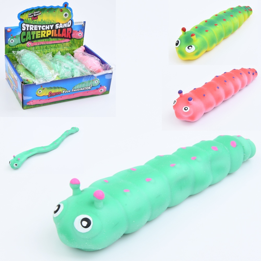 Іграшка MS 3747 антистрес, гусениця, тягнеться, 3 кольори, кул., 12 шт. в диспл., 24,5-7-17 см.