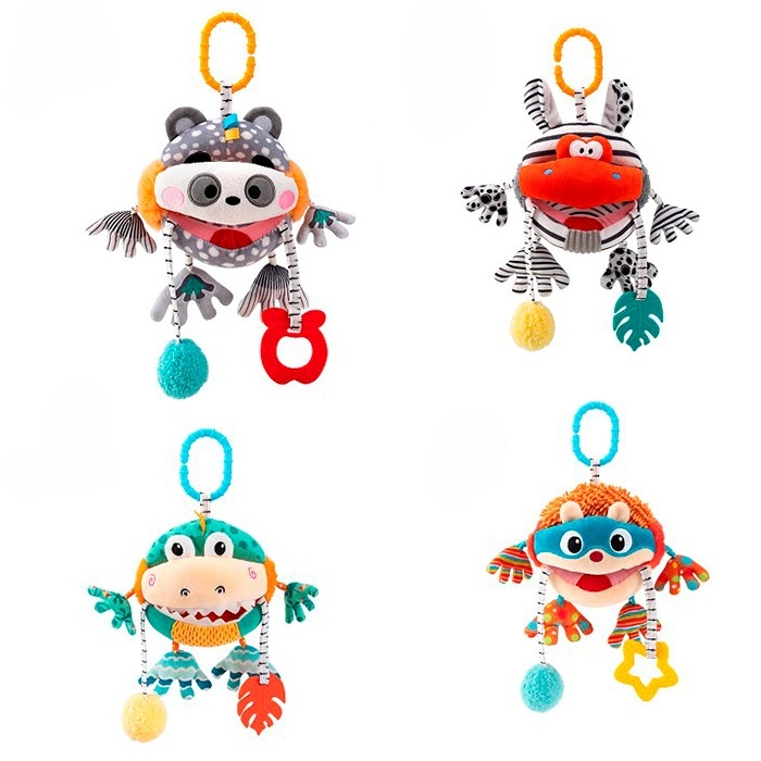 Підвіска м'яка HB 0104 ABCD на коляску/на ліжко,тварина,пискавка,брязкальце,прорізувач,плюш,4види,ку