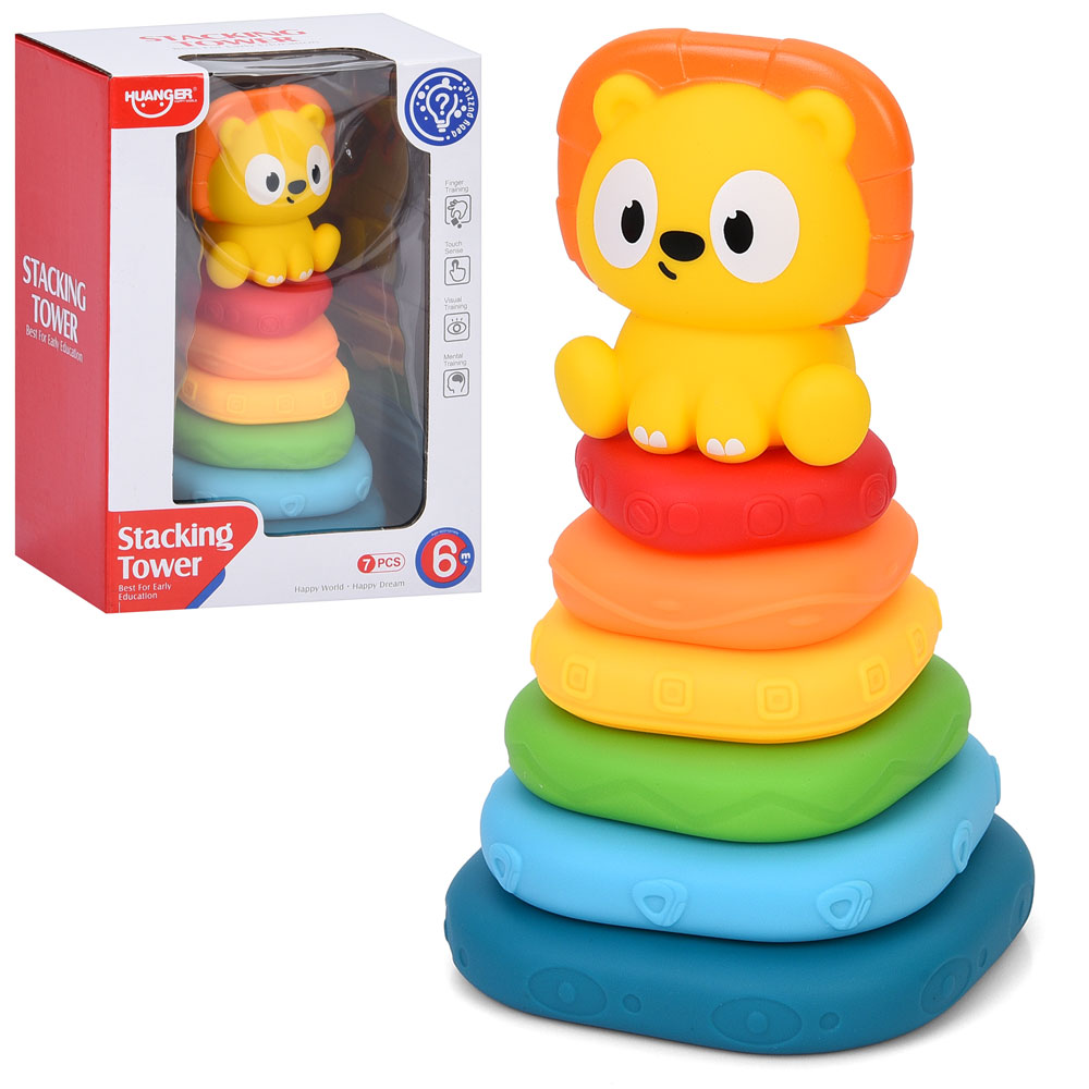 Пірамідка HE0922 18см, кільця 6шт (пазли, текстурні, м'які), у кор-ці, 15-21-11,5см