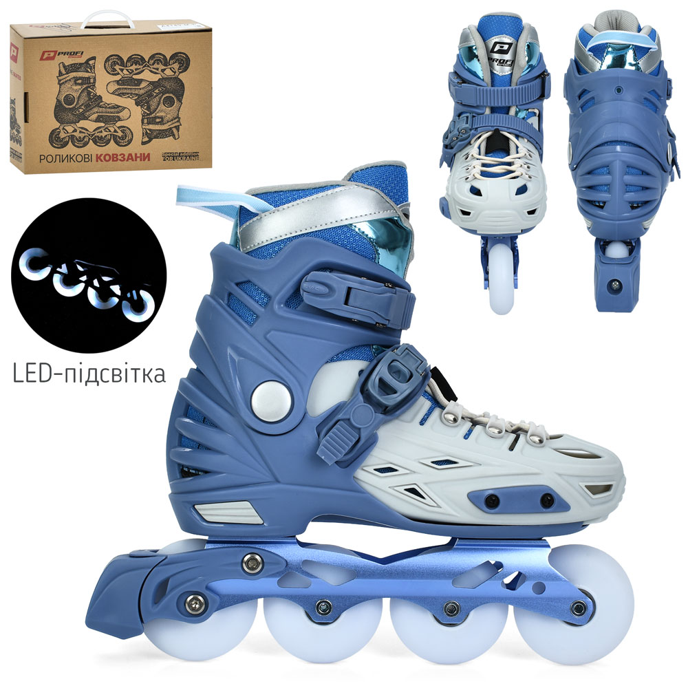 Ролики A4155-L-BL розсув.,шнурів.+бакля,алюм.рама,кол.ПУ70мм,LEDсвітло,устілка 24см,синій,кор.,42-35