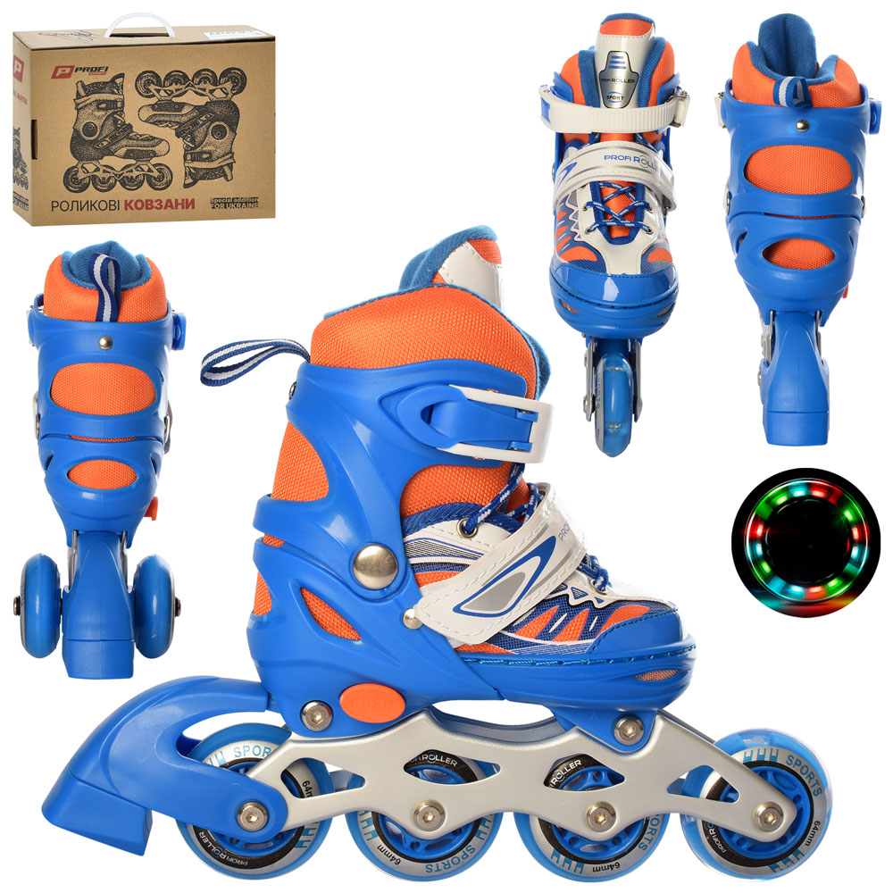 Ролики A 4122-XS-BL(27-30) розсув.,шнур+бакля,ал.рама,колПУ64мм,1світ.,синій,комбо,кор.35-27,5-10см.