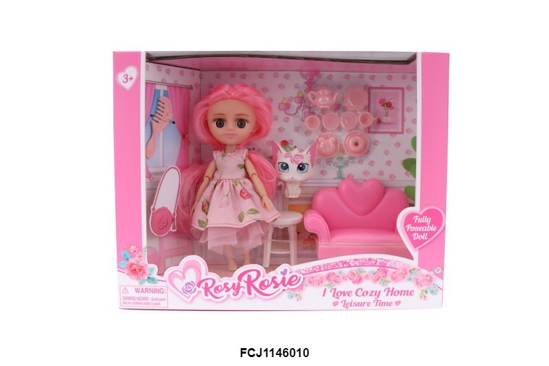 Лялька RR004 шарнірна, диван, кіт, посуд, гребінець, кор., 26-20,5-7,5 см.