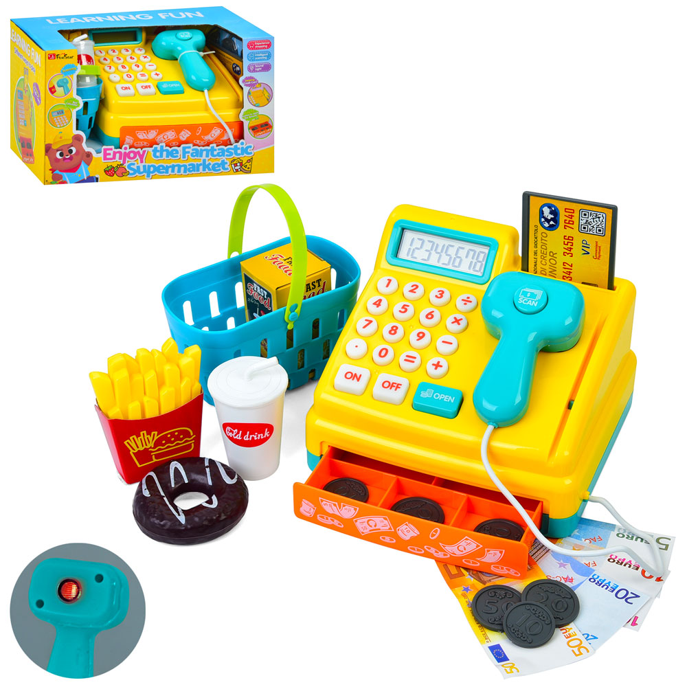 Касовий апарат 35653 калькулятор, сканер, гроші, карта, корзина, продукти, муз., світло,бат.,кор.,25