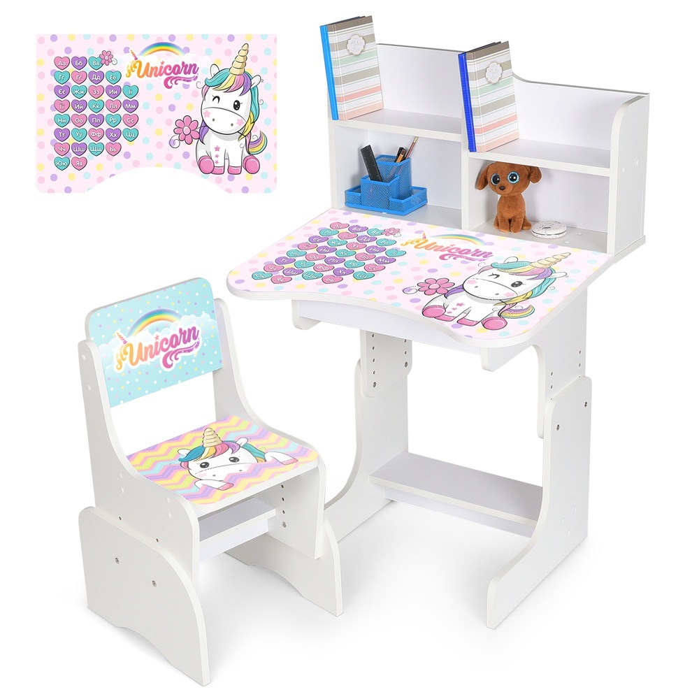Парта N 2071-9-1 зі стільчиком, регул. висота, єдиноріг, укр. абетка, білий