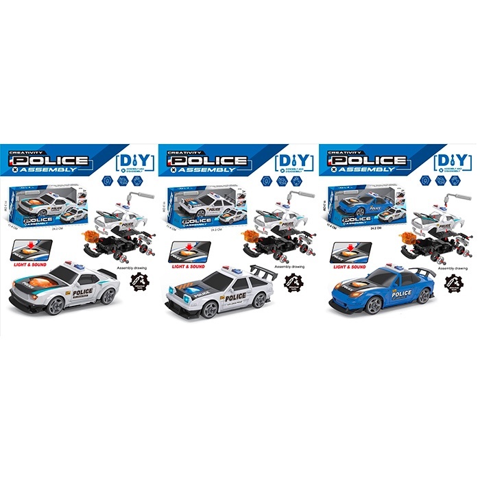 Конструктор 8811-1-2-3 на шурупах,машина 21см,поліція,звук,світло,гайк.ключ,3 види,бат(табл), в кор.