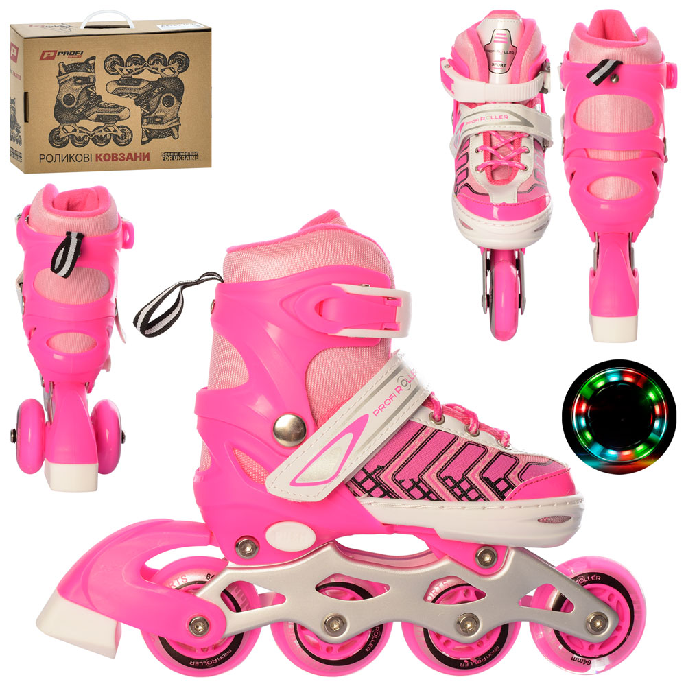 Ролики A 4137-XS-P(27-30) розсув.,шнур.+бакля,ал.рама,кол.ПУ64мм-1світ.,комбо,рожевий,кор.,35-27-10