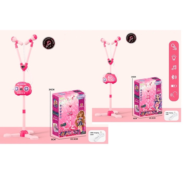 Мікрофон HY832-833-E на стійці, мікрофон 2шт., BТ, 2 види, муз., світло,бат./USBшнур.,кор.,22,5-34-8