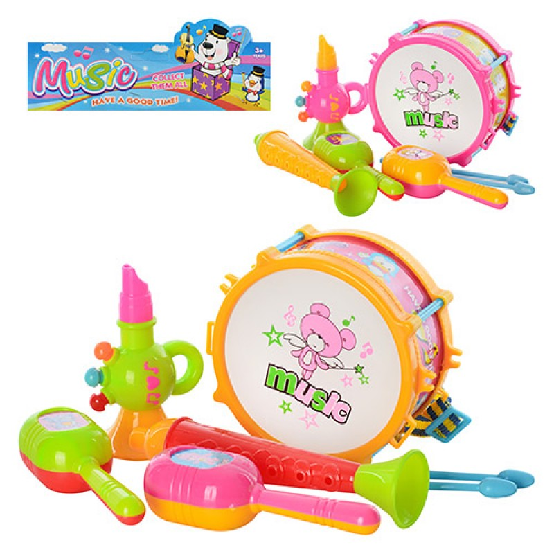 Музичні інструменти 9098 барабан, палички 2 шт., дудка 2 шт., маракаси, 2 кольори, кул., 19-27-6,5см