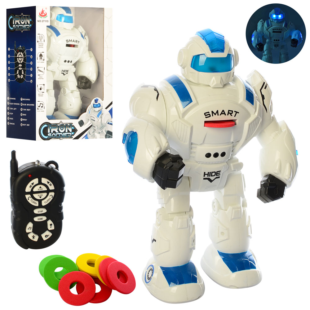 Робот 27115 дист. керув., ходить, їздить, стріляє дисками, муз., світло, бат., кор., 26-36-14 см.