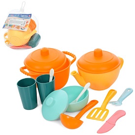 Набір посуду HG-9032 чайник, стаканчики 2 шт., ложка, лопатка, виделка, кастрюля, сітка, 15-17-10 см - 1 - smarttoys.com.ua