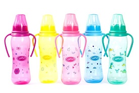 LI 135 Пляшка кольорова вигнута 250 мл з ручками та силіконовою соскою - 1 - smarttoys.com.ua