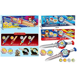 Гра HZY777-101A-102A дзига 2шт.(мет.+пласт.),на запуску(меч),2види/мікс кольорів,світло,бат.(табл.). - 1 - smarttoys.com.ua