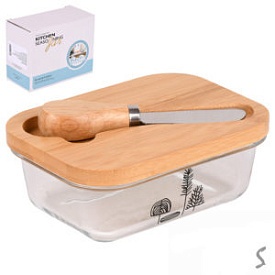 Маслянка скло з ножем та бамбуковою кришкою 10.5*14.5*6см., R34371 - 1 - smarttoys.com.ua