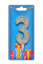 Свічка для торта  "Цифра 3" срібло блиск - 1 - smarttoys.com.ua