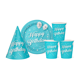 Набір посуду з ковпачками "Happy Birthday" кульки на блакитному на 10 осіб - 1 - smarttoys.com.ua