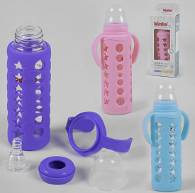 Пляшка скляна 15798 з силіконовою соскою, "BIMBO", 240 мл, 3 кольори, 1шт в коробці - 1 - smarttoys.com.ua
