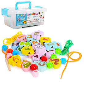 Дерев'яна іграшка Шнурівка MD 1786 фігурки (анг.букви,тварини), 42шт., пласт.ящ., 20-7,5-15см. - 1 - smarttoys.com.ua