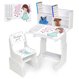 Парта N 2071-8-1 зі стільчиком, регул. висота, дівчина, таблиця множення, білий - 1 - smarttoys.com.ua