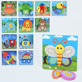 Дерев'яна іграшка Пазли MD 1532 12 видів(тварини,транспорт,метелик,качка,риба,жаба)кул.,14,5-14,5-1с - 1 - smarttoys.com.ua