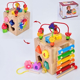 Дерев'яна іграшка Центр розвиваючий MD 0821 куб,лабиринт на дроті,сортер,фігури,ксилофон,годинник,шн - 1 - smarttoys.com.ua