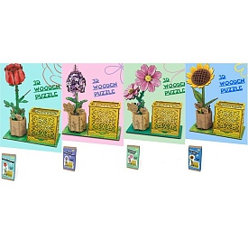 Дерев'яна іграшка пазли 68032-3-4-5 3D, квітка у горшику,підставка для ручок,від 85 дет.,4 види,кор. - 1 - smarttoys.com.ua