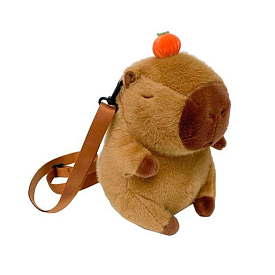 Рюкзак Плюшевий Капібара з мандаринкою на голові Пухнаста Сумка іграшка для дітей Коричнева 25см - 1 - smarttoys.com.ua